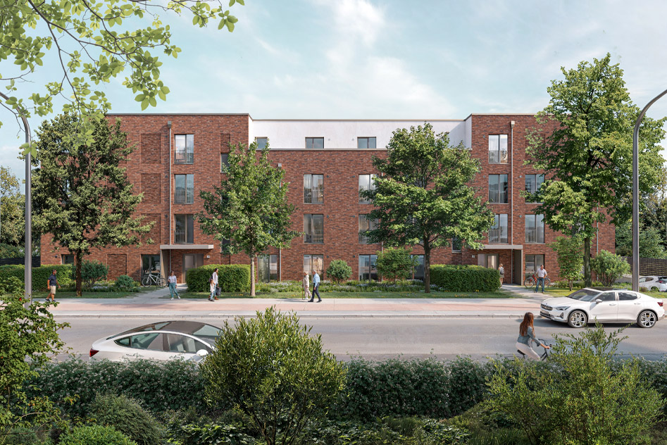 Ein modernes dreistöckiges Wohnhaus mit Eigentumswohnungen von Behrendt mit Staffelgeschoss, roten Klinkersteinen, großen Fenstern, Balkonen, Terassen, 2 Eingängen und 4 grünen Eichen davor. Frühlingshafter Himmel im Hintergrund und einer Straße mit Gehweg und Fahrradweg im Vordergrund.