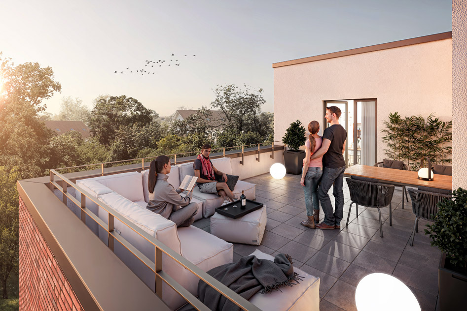 Dachterasse einer Penthouse Wohnung von Behrendt zum Kauf im Abendlicht, 4 Personen darauf zu sehen, die entspannen, einen Wein trinken und sich unterhalten.