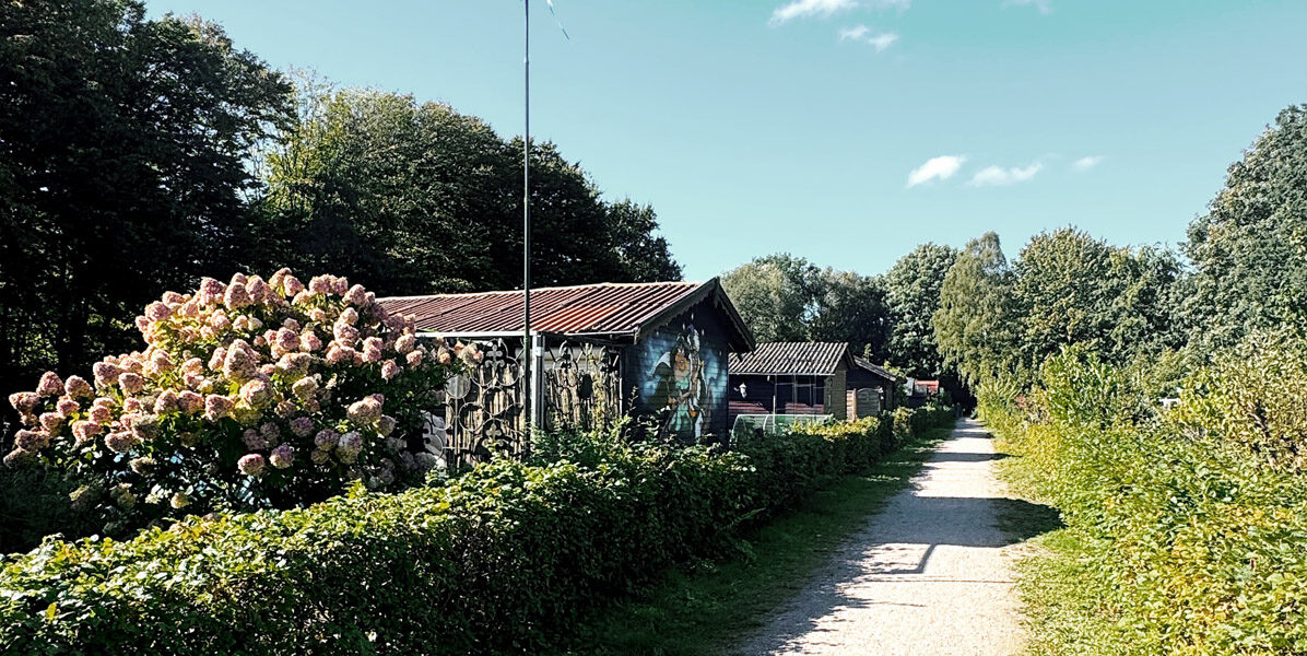 Ein Kiesweg führt entlang von Hecken und kleinen Hütten, eine davon mit Blumen bedeckt, unter einem klaren blauen Himmel. Bäume säumen das Gelände in dieser friedlichen, ländlichen Szene - weit weg von der Hektik Hamburgs oder einer modernen Neubauwohnung.