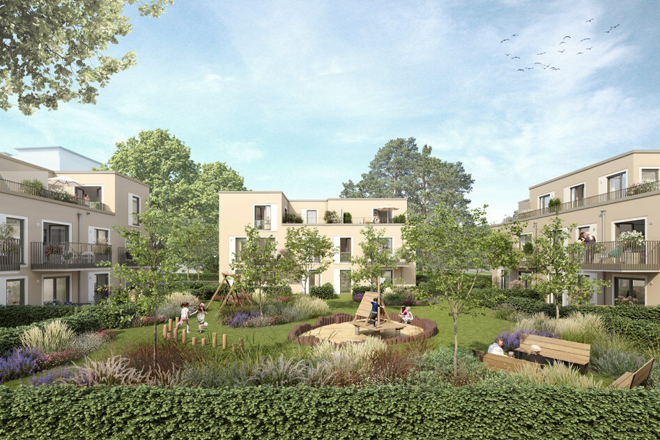 Ein begrünter Innenhof mit Rasenflächen, Bäumen, Bänken und einem Spielplatz liegt zwischen modernen Neubauwohnungen in Hamburg unter blauem Himmel und fliegenden Vögeln. Die Menschen genießen den einladenden Außenbereich.