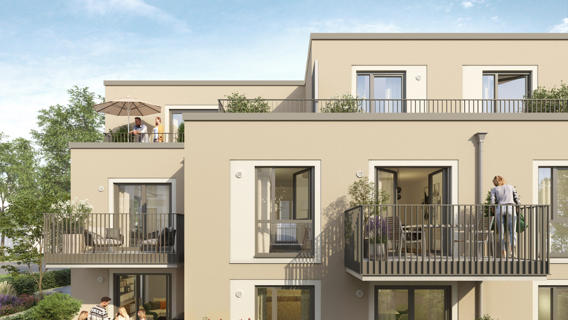 Modernes beigefarbenes Stadthaus mit Balkonen und Terrassen, Menschen, die draußen essen, Topfpflanzen, einem kleinen Garten und einem Hund auf der Wiese unter blauem Himmel - perfekt für alle, die eine Eigentumswohnung oder Wohnung kaufen in Hamburg Bramfeld suchen.